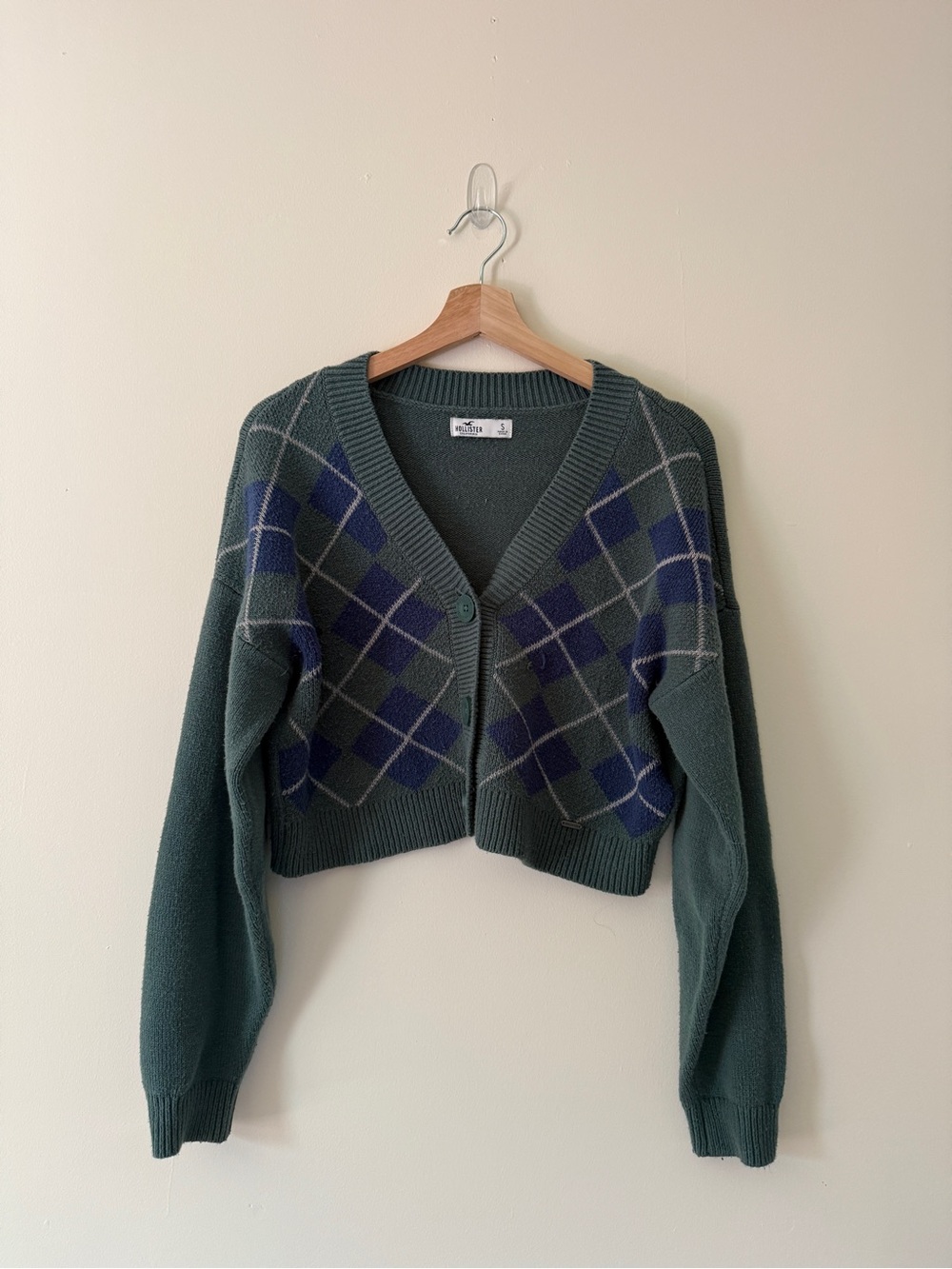 Hollister Green Argyle Cropped Cardigan